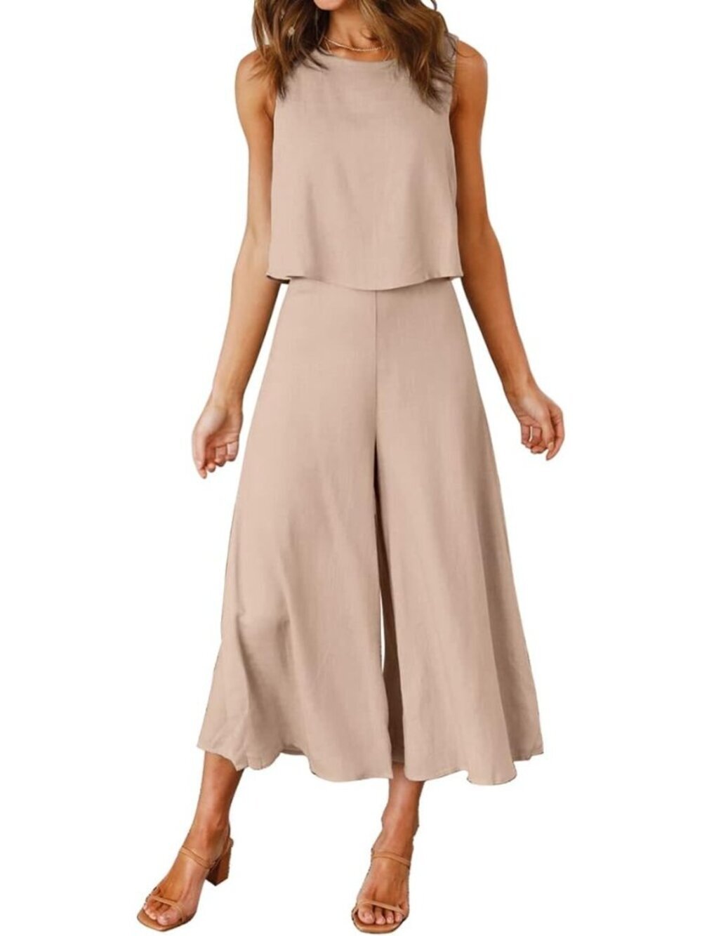 Women's Apricot Summer 2 Piece Round Neck Crop Basic Top Cropped Wide Leg